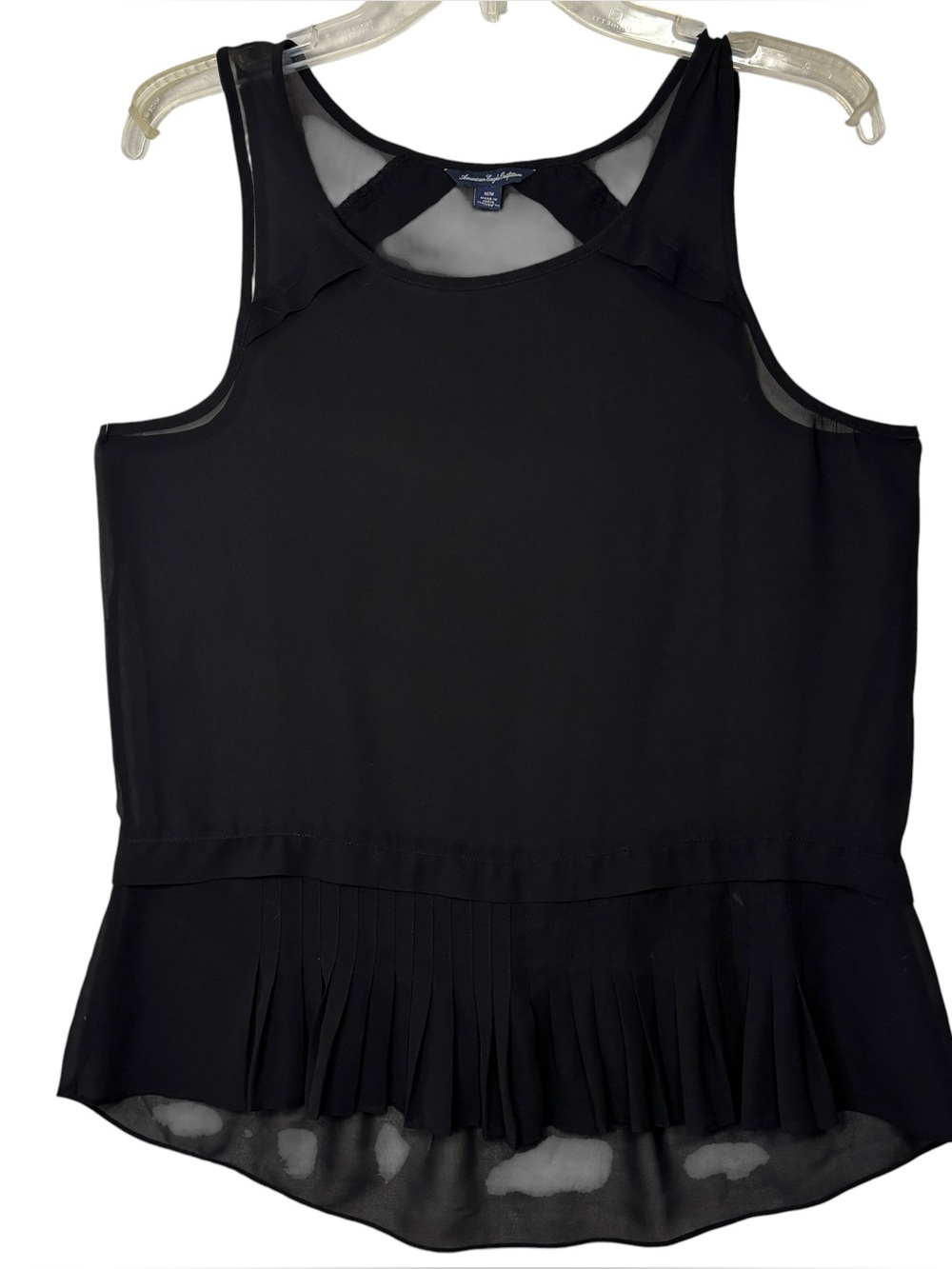 Title:Black Sheer Pleated Peplum Layered Tank Top Size M